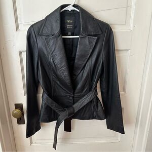 100% Lamb Leather Black Belted Blazer Jacket Very Soft Vintage Mango MNG